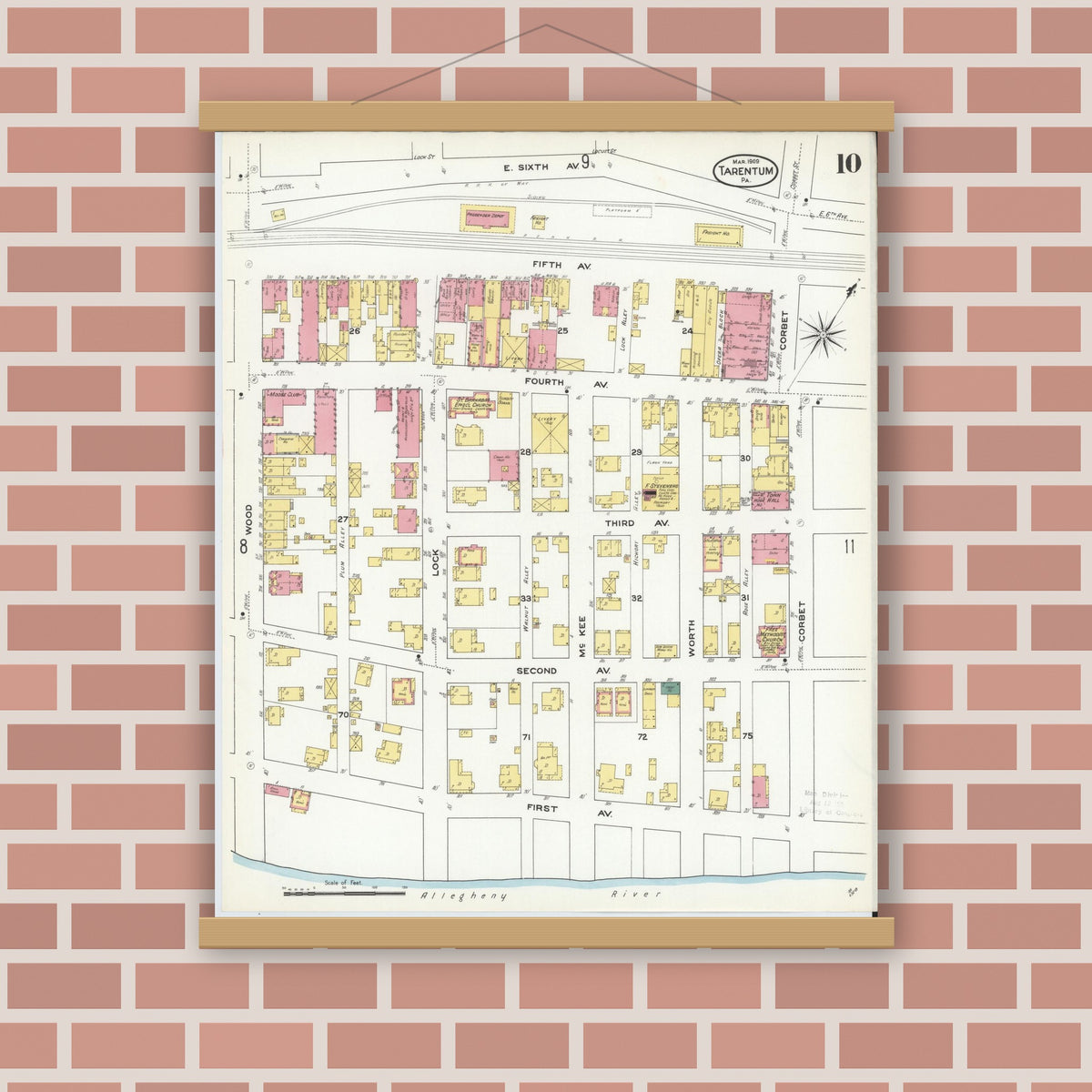 Old map wall art mockup — magnetic wood frame on brick wall — Sanborn Fire Insurance Map from Tarentum, Allegheny County, Pennsylvania (1909), Sheet #0010