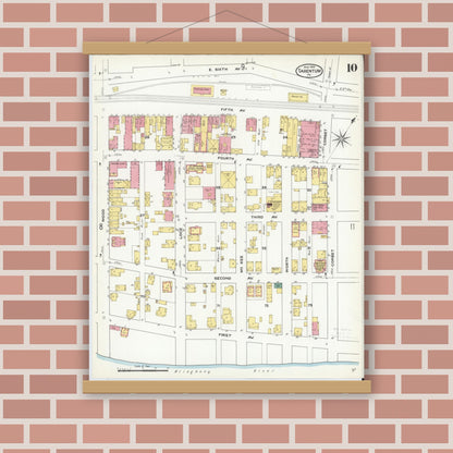 Old map wall art mockup — magnetic wood frame on brick wall — Sanborn Fire Insurance Map from Tarentum, Allegheny County, Pennsylvania (1909), Sheet #0010