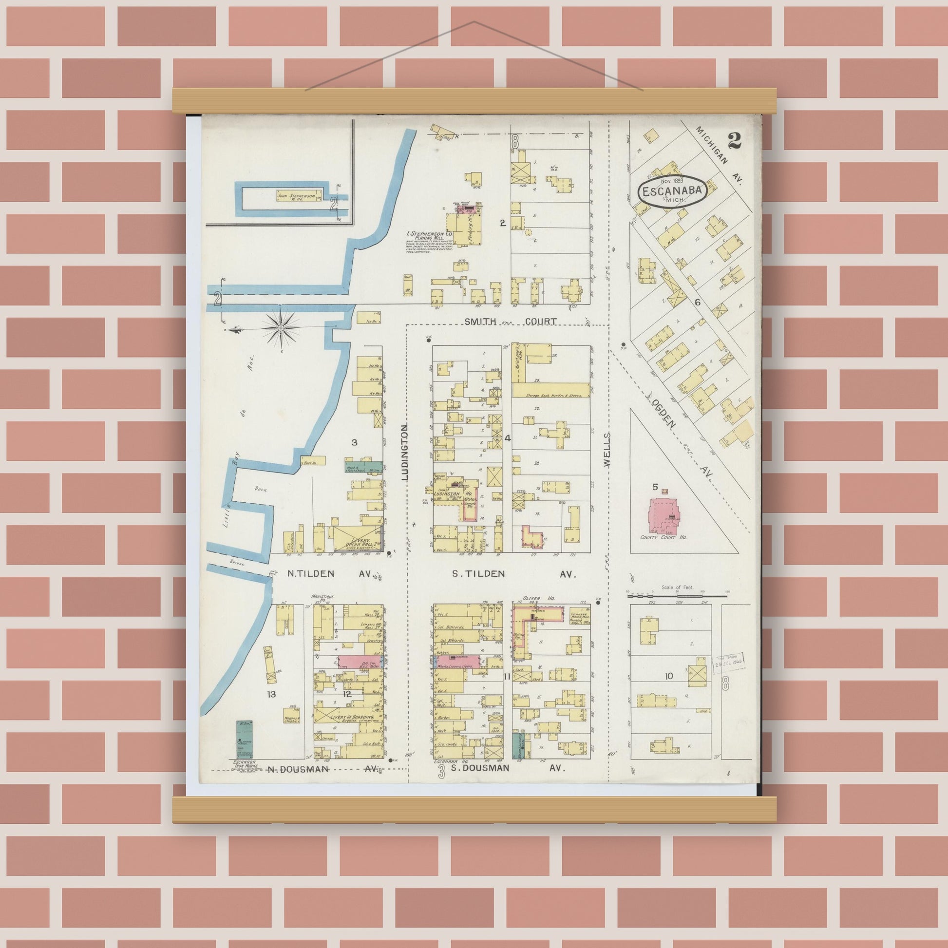 Old map wall art mockup — magnetic wood frame on brick wall — Sanborn Fire Insurance Map from Escanaba, Delta County, Michigan (1893), Sheet #0002