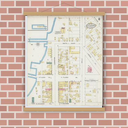Old map wall art mockup — magnetic wood frame on brick wall — Sanborn Fire Insurance Map from Escanaba, Delta County, Michigan (1893), Sheet #0002