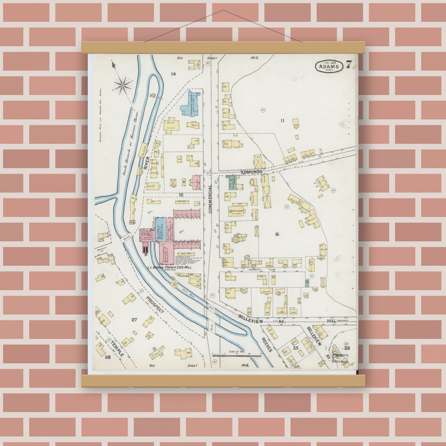 Old map wall art mockup — magnetic wood frame on brick wall — Sanborn Fire Insurance Map from Adams, Berkshire County, Massachusetts (1889), Sheet #0007