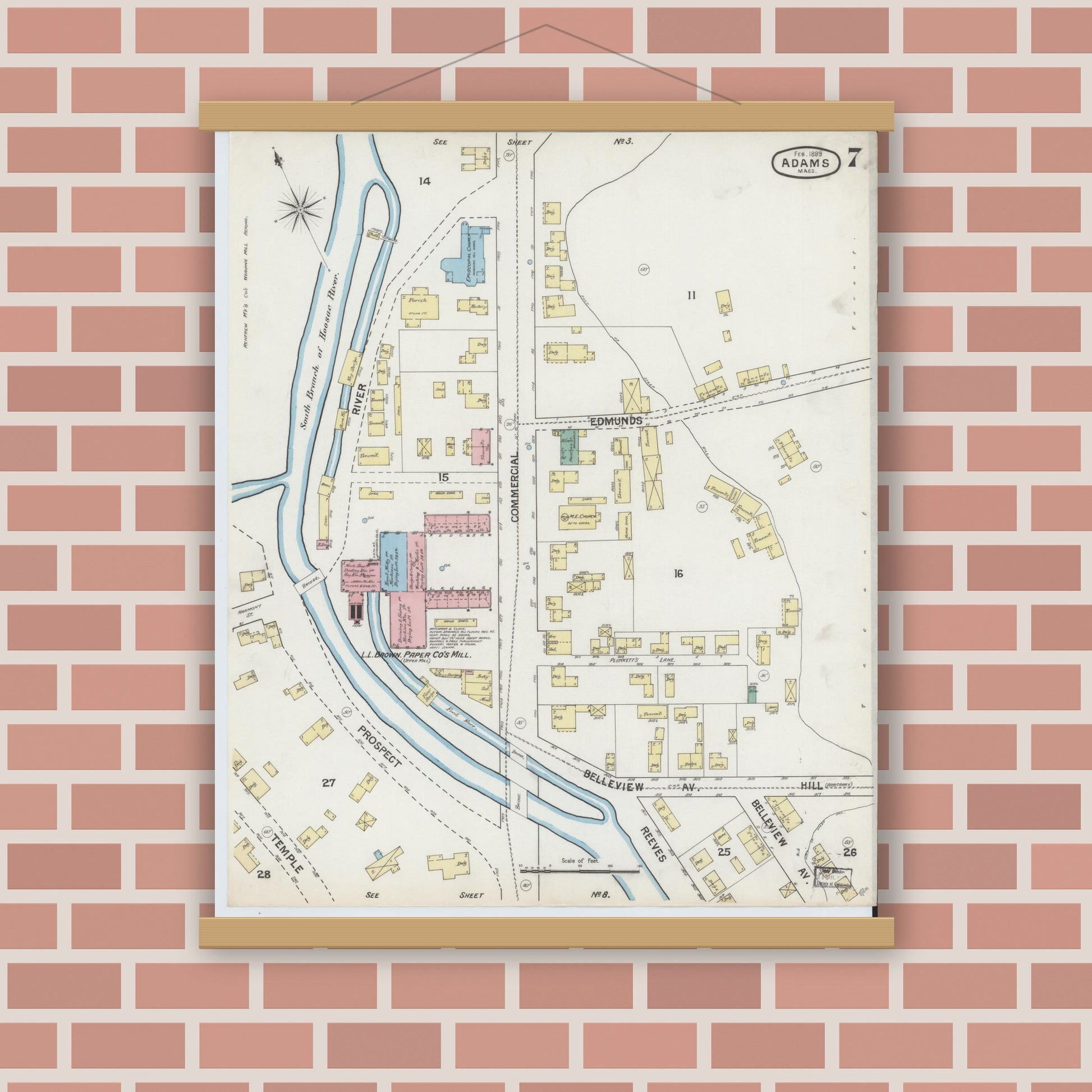 Old map wall art mockup — magnetic wood frame on brick wall — Sanborn Fire Insurance Map from Adams, Berkshire County, Massachusetts (1889), Sheet #0007
