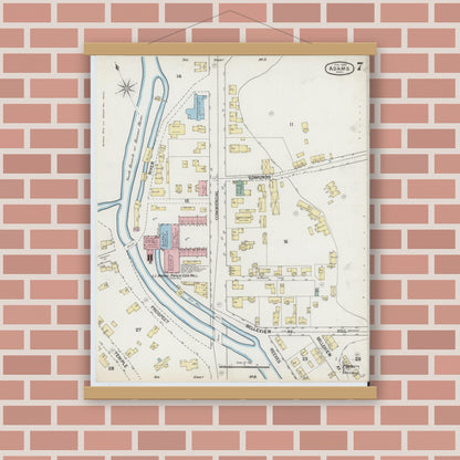 Old map wall art mockup — magnetic wood frame on brick wall — Sanborn Fire Insurance Map from Adams, Berkshire County, Massachusetts (1889), Sheet #0007