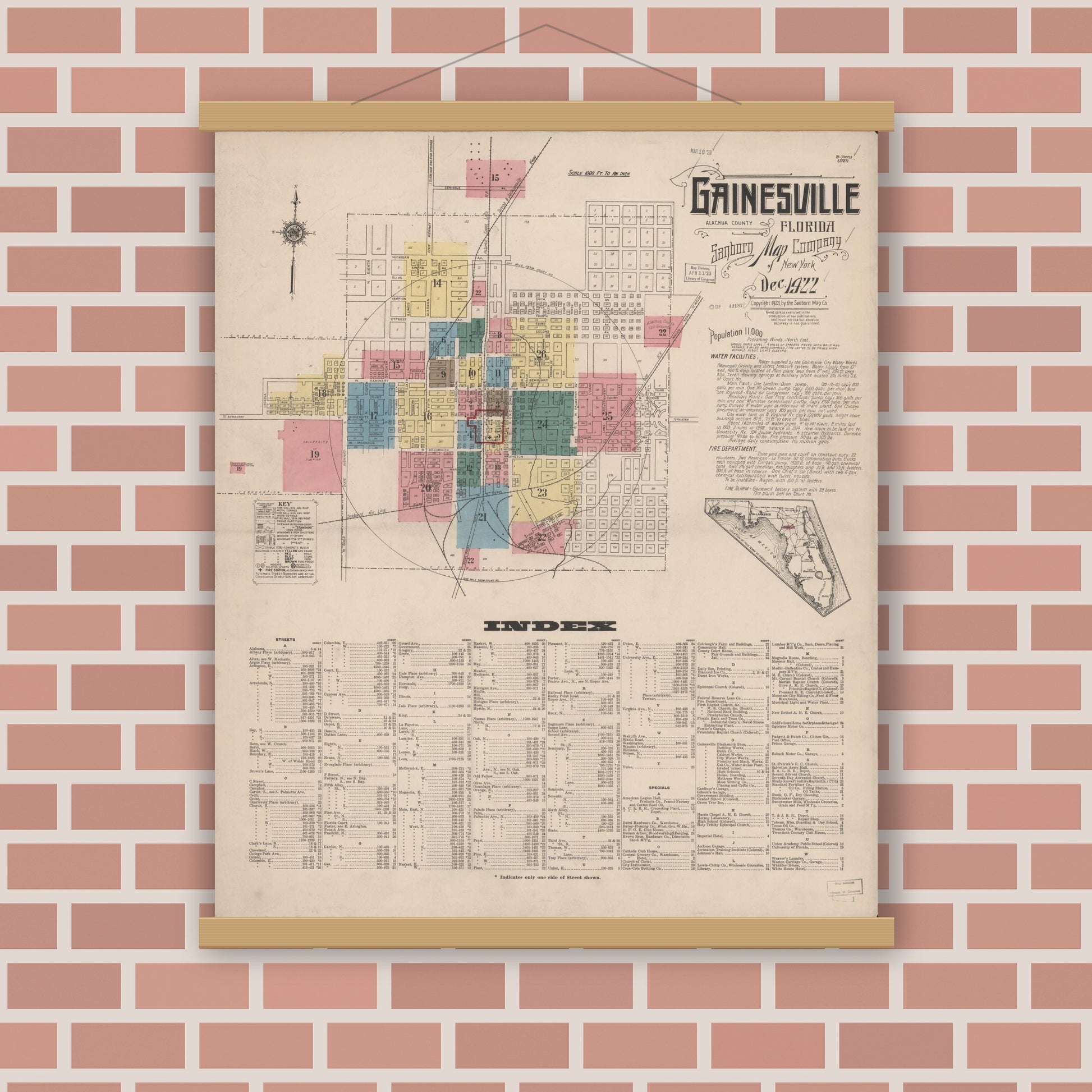 Old map wall art mockup — magnetic wood frame on brick wall — Sanborn Fire Insurance Map from Gainesville, Alachua County, Florida (1922) - Complete Map Set