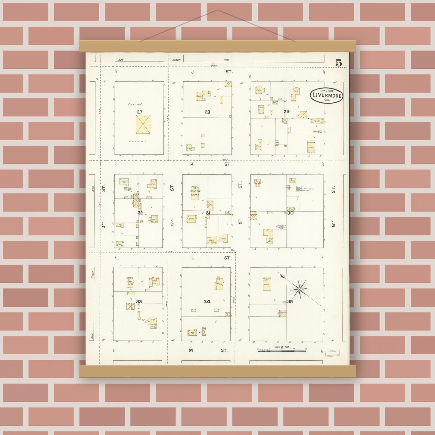 Old map wall art mockup — magnetic wood frame on brick wall — Sanborn Fire Insurance Map from Livermore, Alameda County, California (1888), Sheet #0005