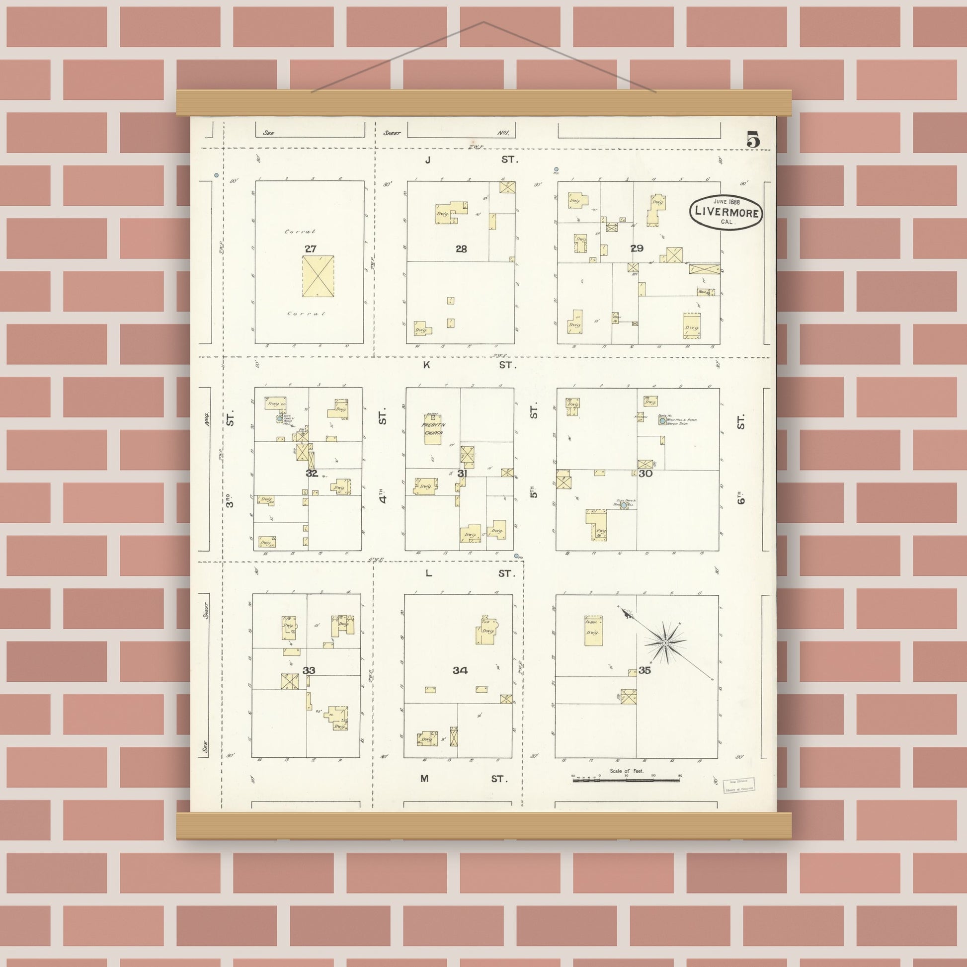 Old map wall art mockup — magnetic wood frame on brick wall — Sanborn Fire Insurance Map from Livermore, Alameda County, California (1888), Sheet #0005