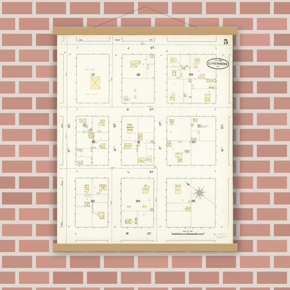 Old map wall art mockup — magnetic wood frame on brick wall — Sanborn Fire Insurance Map from Livermore, Alameda County, California (1888), Sheet #0005