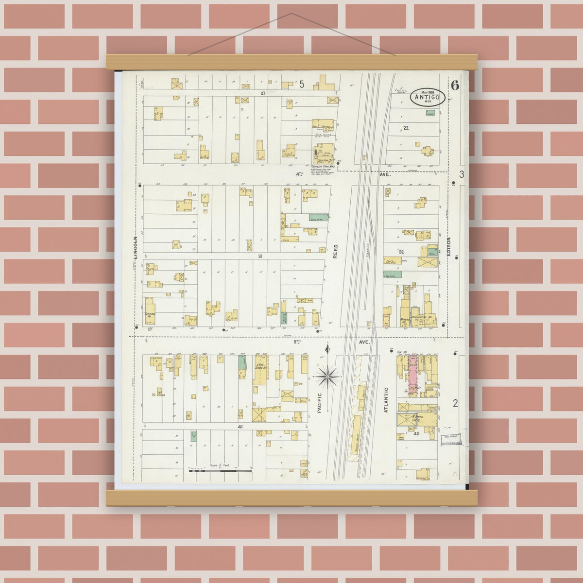 Old map wall art mockup — magnetic wood frame on brick wall — Sanborn Fire Insurance Map from Antigo, Langlade County, Wisconsin (1898), Sheet #0006