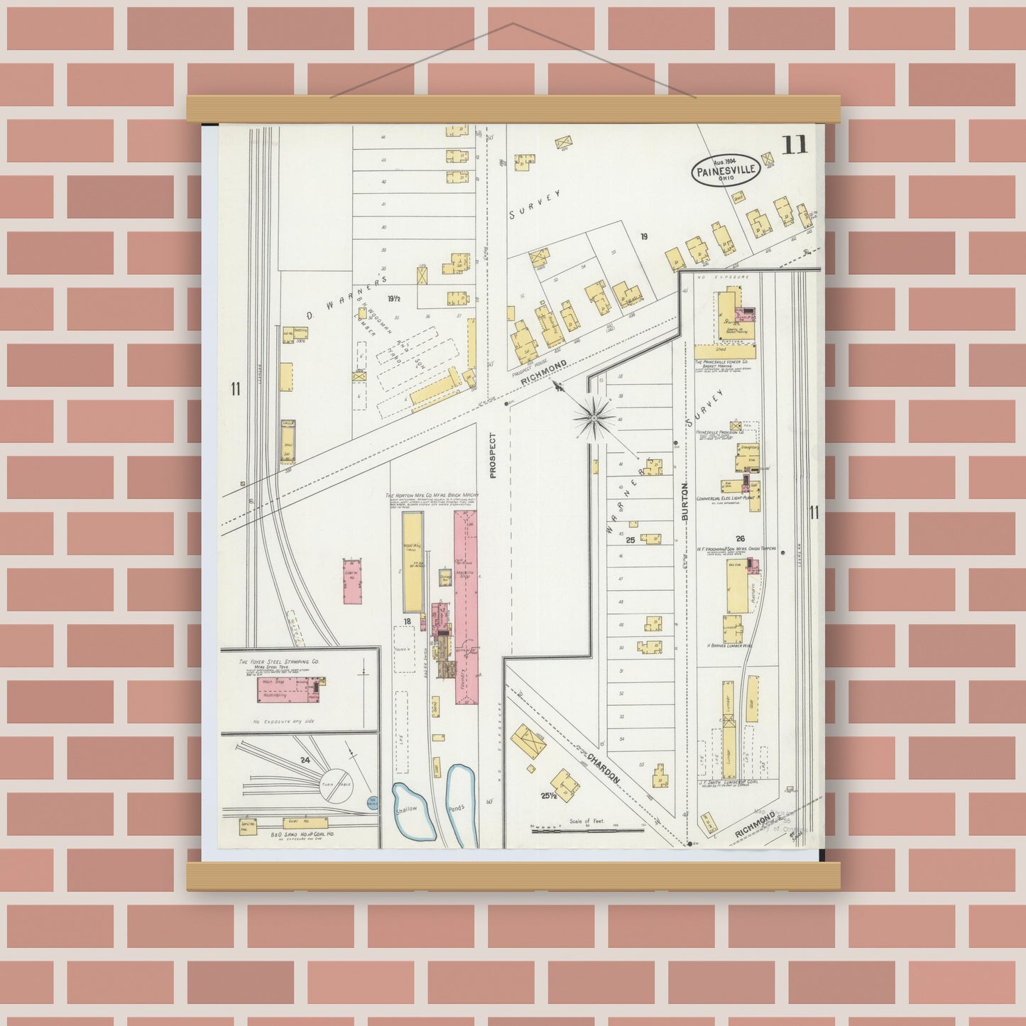 Old map wall art mockup — magnetic wood frame on brick wall — Sanborn Fire Insurance Map from Painesville, Lake County, Ohio (1904), Sheet #0011