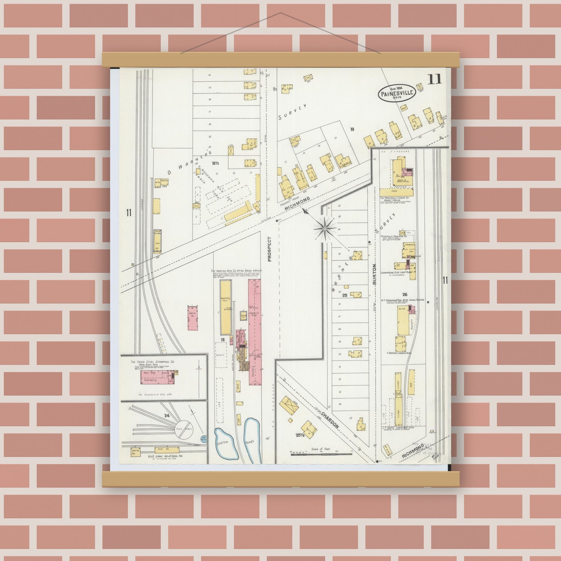 Old map wall art mockup — magnetic wood frame on brick wall — Sanborn Fire Insurance Map from Painesville, Lake County, Ohio (1904), Sheet #0011