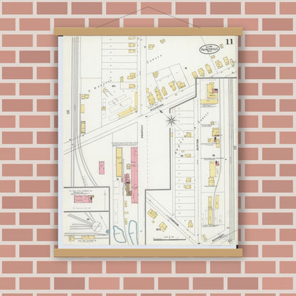 Old map wall art mockup — magnetic wood frame on brick wall — Sanborn Fire Insurance Map from Painesville, Lake County, Ohio (1904), Sheet #0011