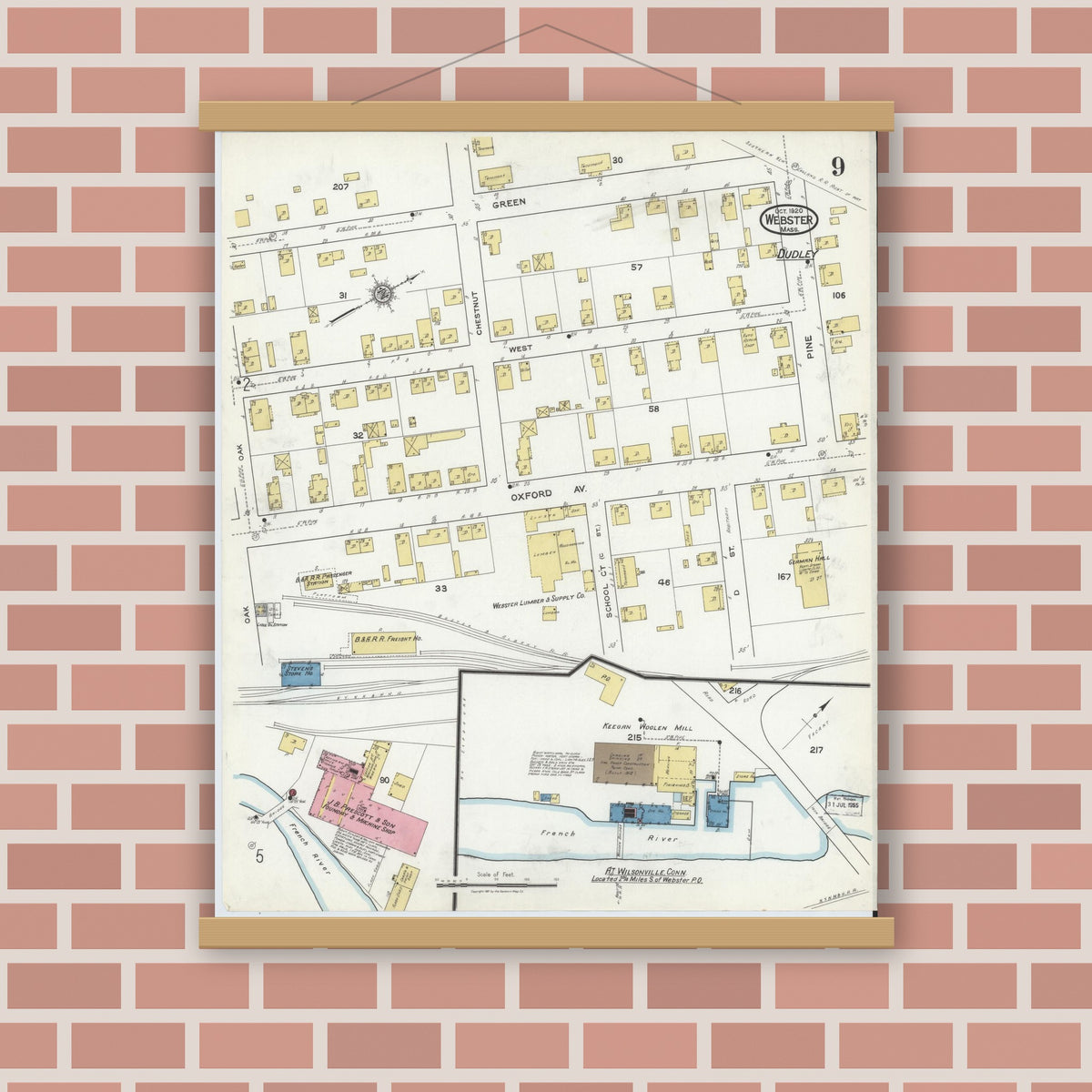 Old map wall art mockup — magnetic wood frame on brick wall — Sanborn Fire Insurance Map from Webster, Worcester County, Massachusetts (1920), Sheet #0009