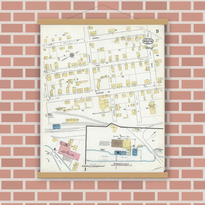 Old map wall art mockup — magnetic wood frame on brick wall — Sanborn Fire Insurance Map from Webster, Worcester County, Massachusetts (1920), Sheet #0009