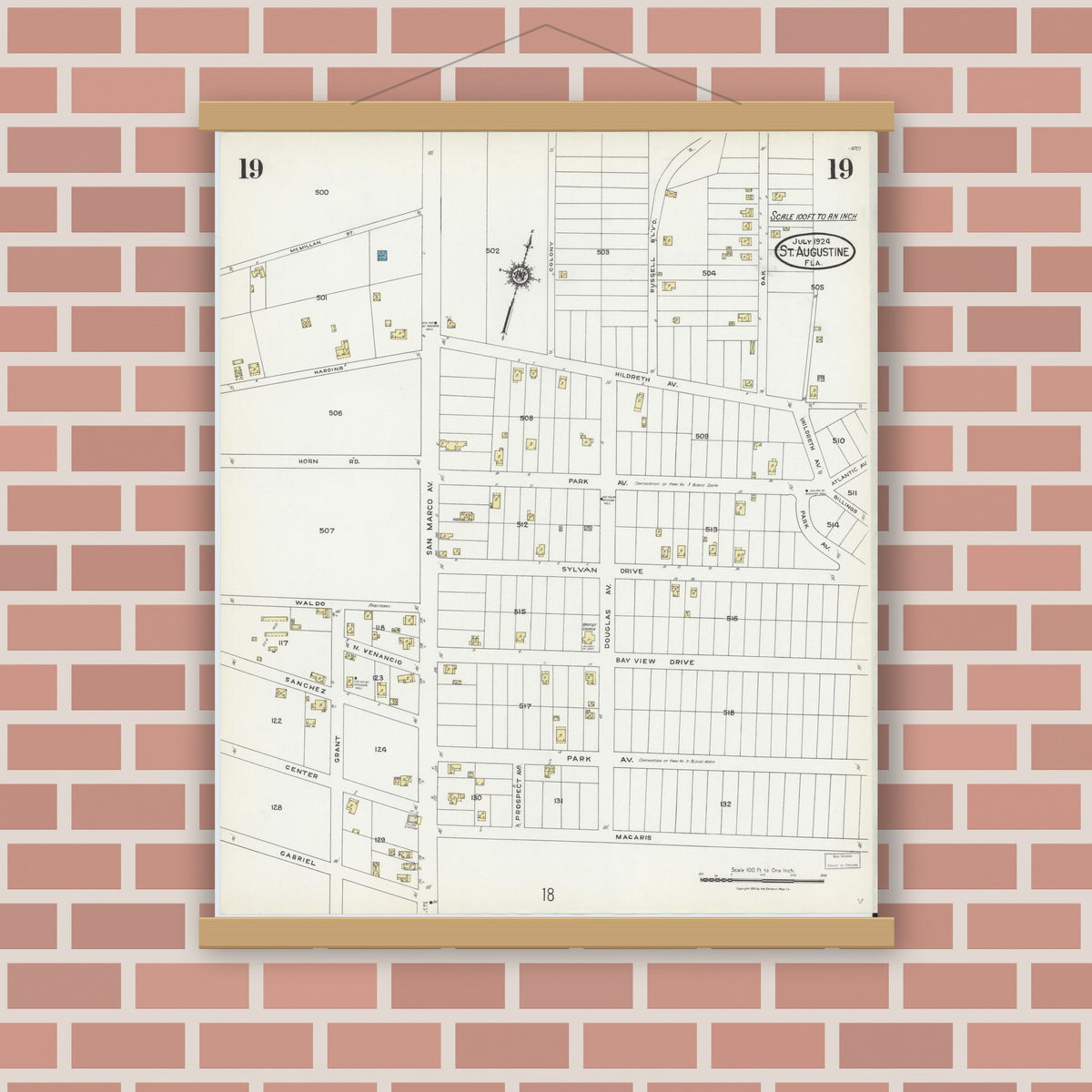 Old map wall art mockup — magnetic wood frame on brick wall — Sanborn Fire Insurance Map from Saint Augustine, Saint John's County, Florida (1924), Sheet #0019