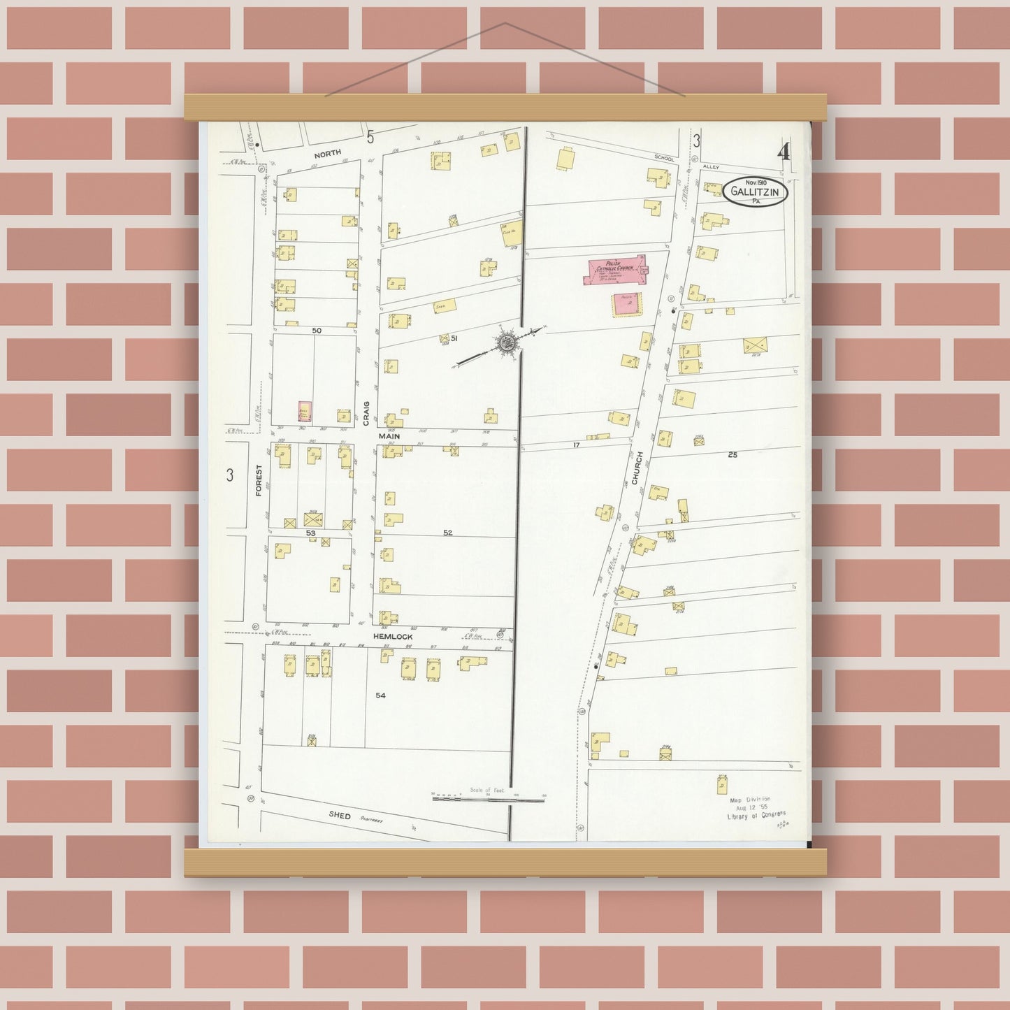 Old map wall art mockup — magnetic wood frame on brick wall — Sanborn Fire Insurance Map from Gallitzin, Cambria County, Pennsylvania (1910), Sheet #0004