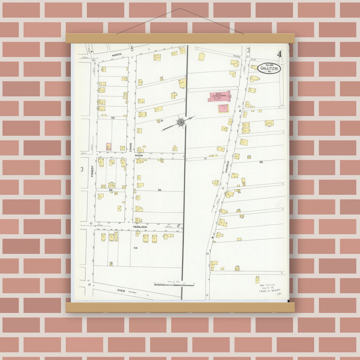 Old map wall art mockup — magnetic wood frame on brick wall — Sanborn Fire Insurance Map from Gallitzin, Cambria County, Pennsylvania (1910), Sheet #0004