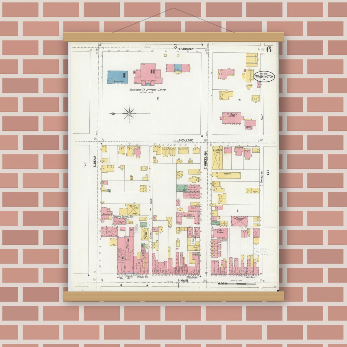 Old map wall art mockup — magnetic wood frame on brick wall — Sanborn Fire Insurance Map from Washington, Washington County, Pennsylvania (1900), Sheet #0006