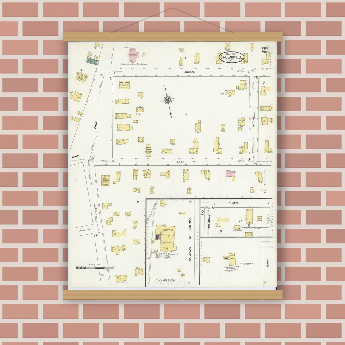 Old map wall art mockup — magnetic wood frame on brick wall — Sanborn Fire Insurance Map from Sinclairville, Chautauqua County, New York (1910), Sheet #0002