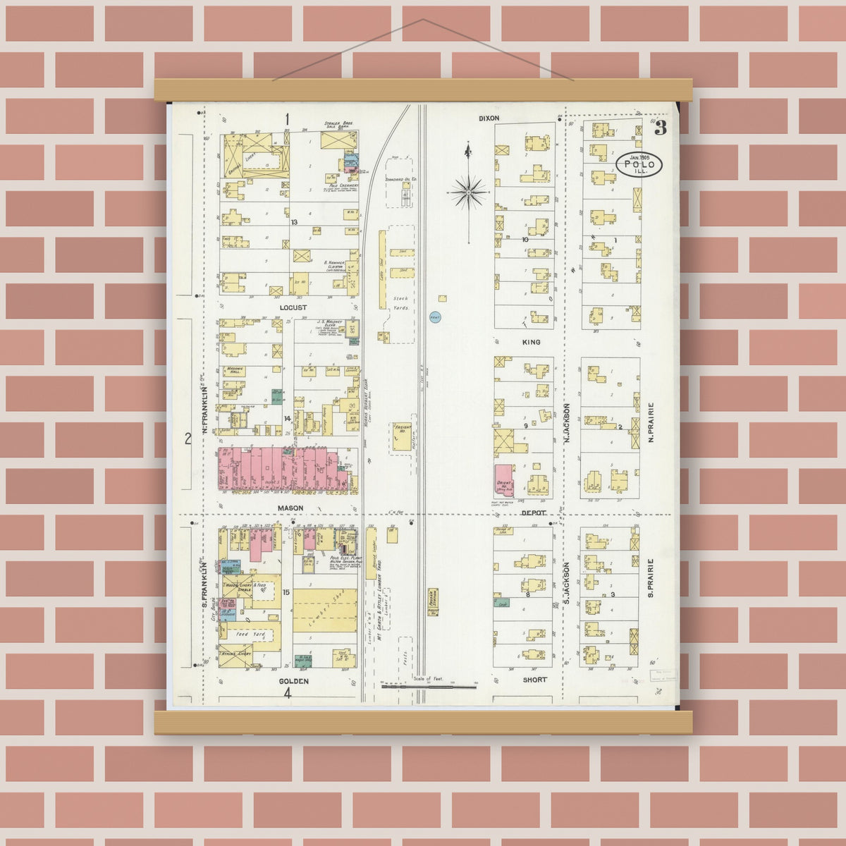 Old map wall art mockup — magnetic wood frame on brick wall — Sanborn Fire Insurance Map from Polo, Ogle County, Illinois (1905), Sheet #0003