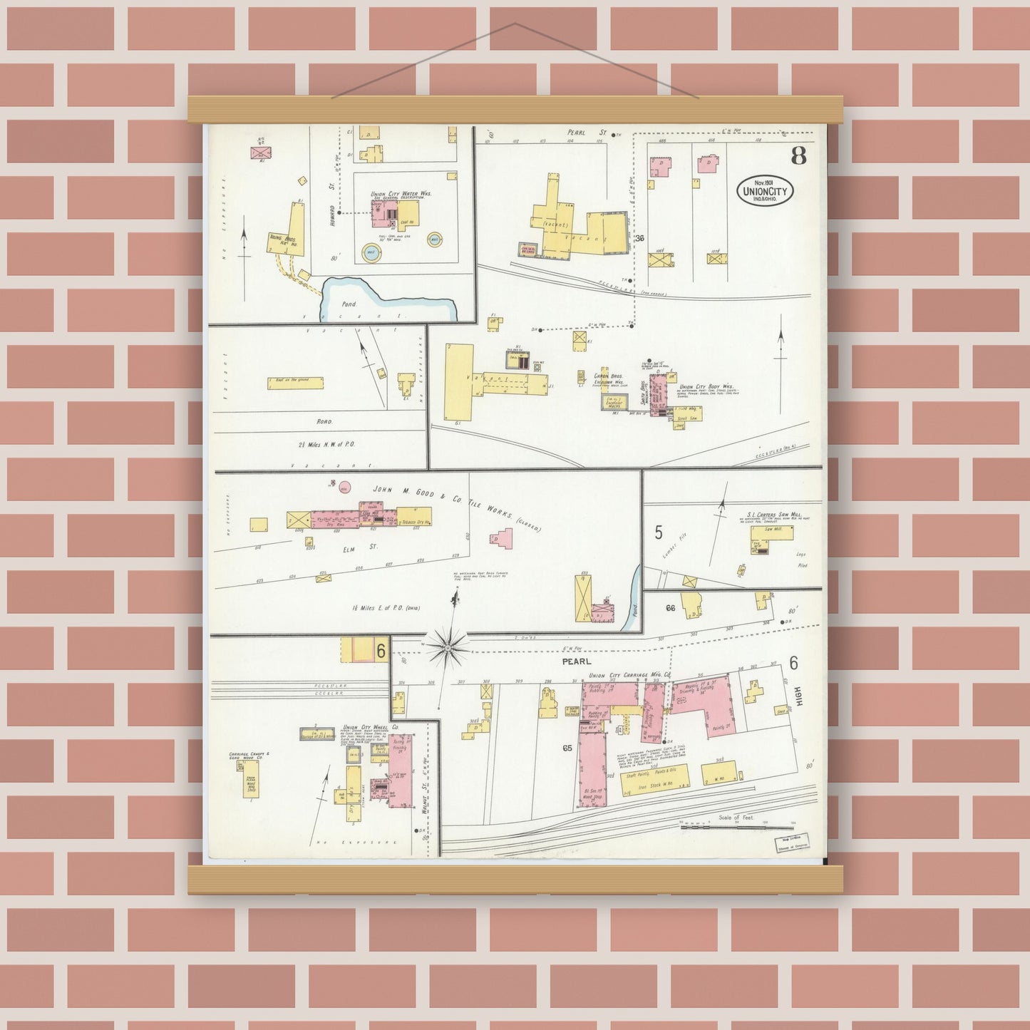 Old map wall art mockup — magnetic wood frame on brick wall — Sanborn Fire Insurance Map from Union City, Randolph County, Indiana (1901), Sheet #0008