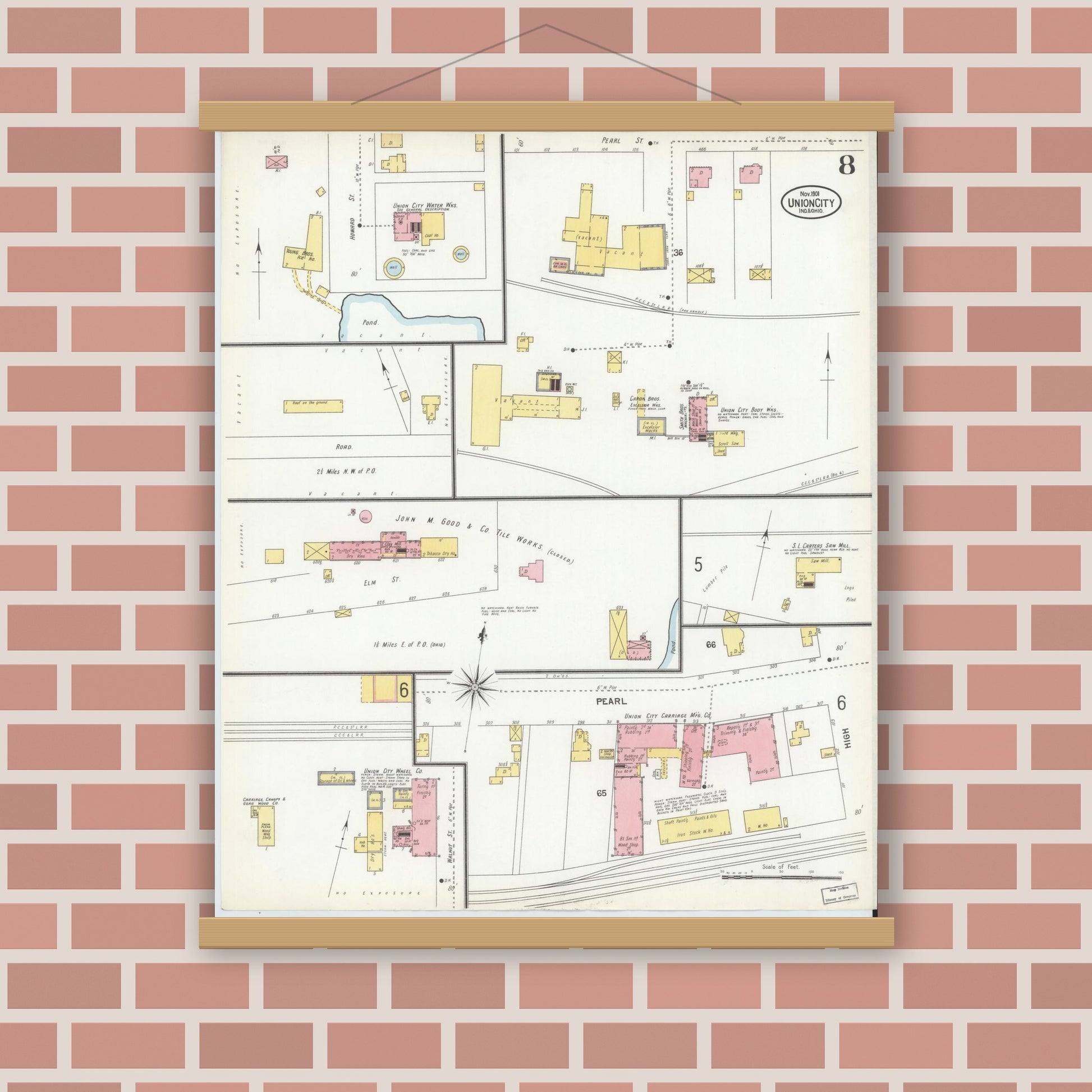 Old map wall art mockup — magnetic wood frame on brick wall — Sanborn Fire Insurance Map from Union City, Randolph County, Indiana (1901), Sheet #0008