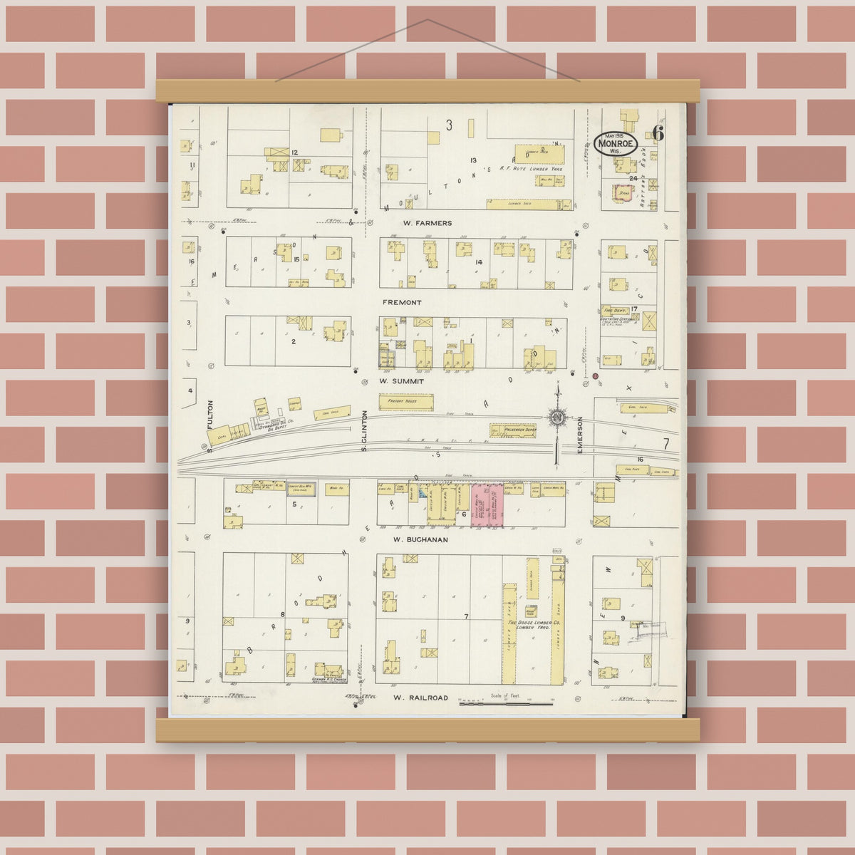 Old map wall art mockup — magnetic wood frame on brick wall — Sanborn Fire Insurance Map from Monroe, Green County, Wisconsin (1915), Sheet #0006