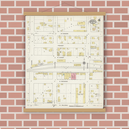 Old map wall art mockup — magnetic wood frame on brick wall — Sanborn Fire Insurance Map from Monroe, Green County, Wisconsin (1915), Sheet #0006