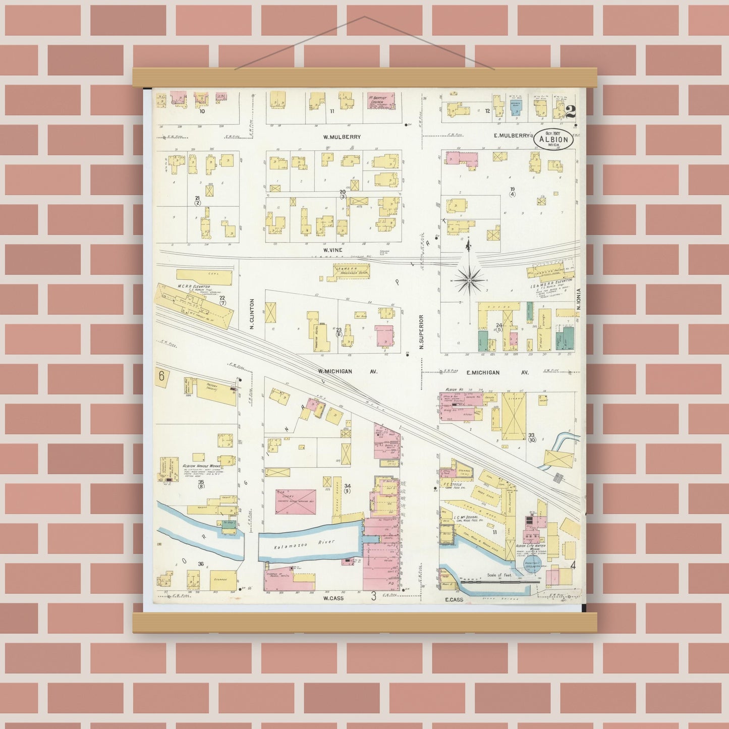 Old map wall art mockup — magnetic wood frame on brick wall — Sanborn Fire Insurance Map from Albion, Calhoun County, Michigan (1907), Sheet #0002