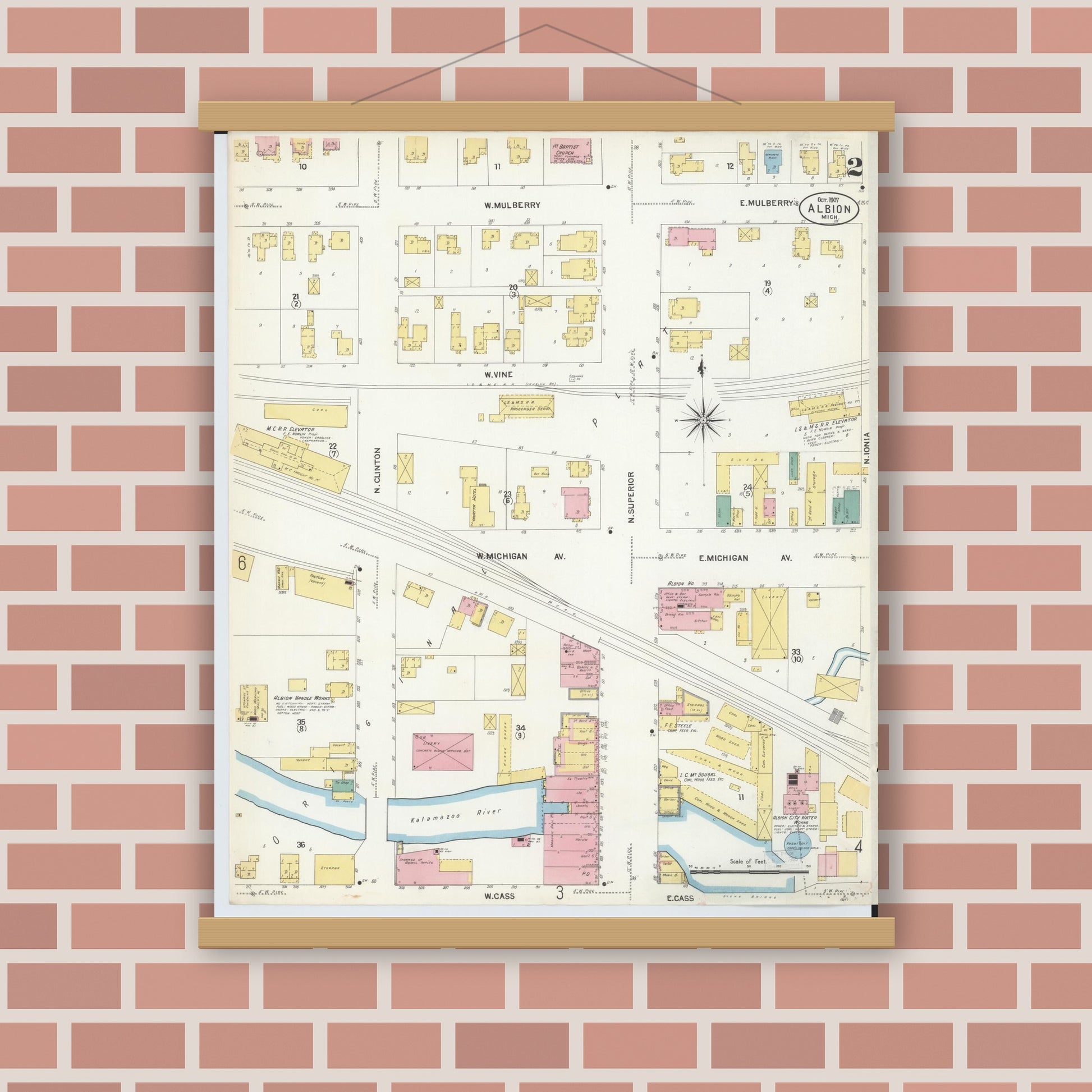 Old map wall art mockup — magnetic wood frame on brick wall — Sanborn Fire Insurance Map from Albion, Calhoun County, Michigan (1907), Sheet #0002