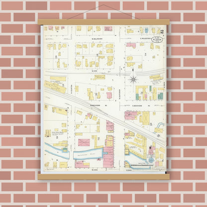 Old map wall art mockup — magnetic wood frame on brick wall — Sanborn Fire Insurance Map from Albion, Calhoun County, Michigan (1907), Sheet #0002
