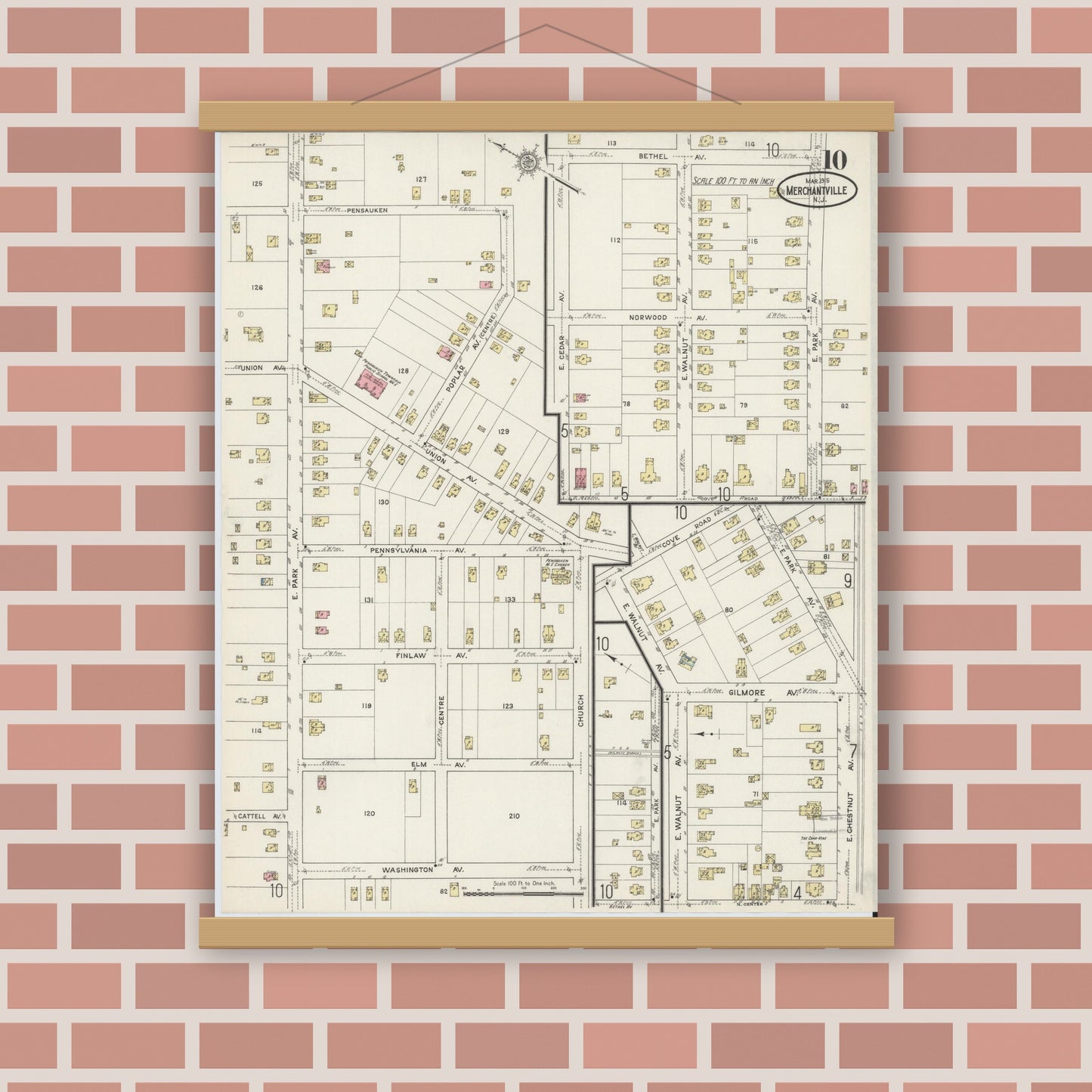 Old map wall art mockup — magnetic wood frame on brick wall — Sanborn Fire Insurance Map from Merchantville, Camden County, New Jersey (1915), Sheet #0010
