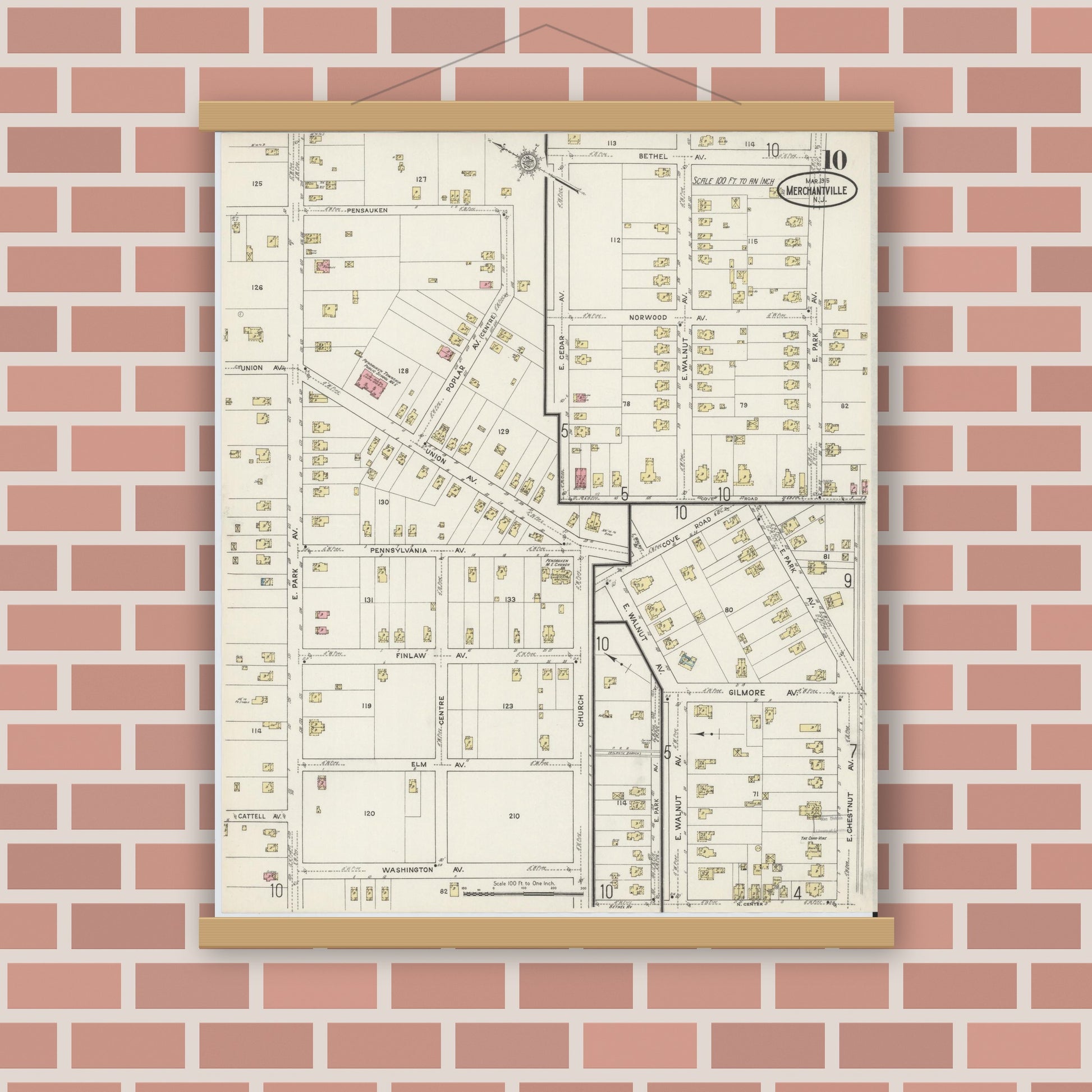 Old map wall art mockup — magnetic wood frame on brick wall — Sanborn Fire Insurance Map from Merchantville, Camden County, New Jersey (1915), Sheet #0010