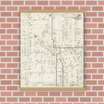 Old map wall art mockup — magnetic wood frame on brick wall — Sanborn Fire Insurance Map from Merchantville, Camden County, New Jersey (1915), Sheet #0010