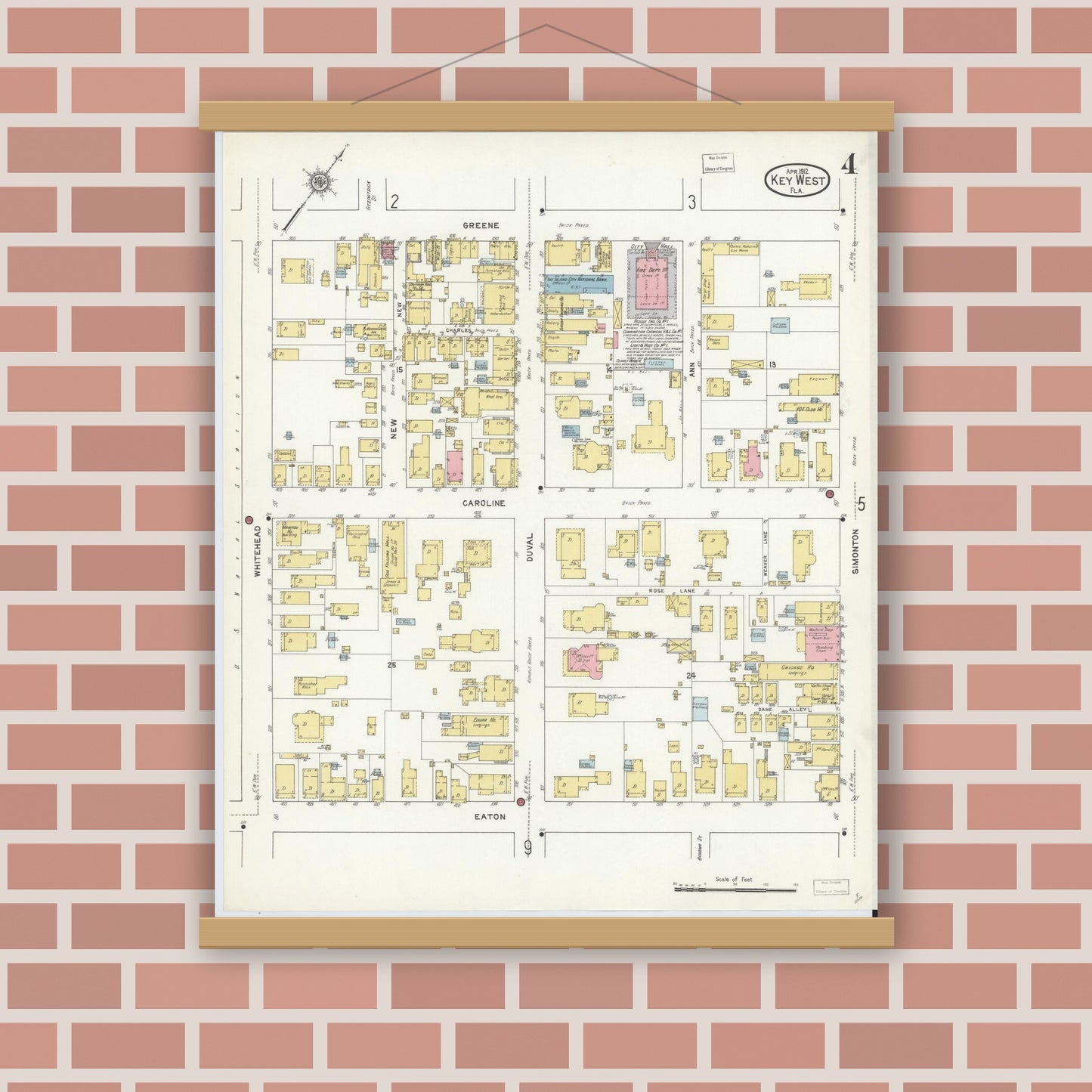 Old map wall art mockup — magnetic wood frame on brick wall — Sanborn Fire Insurance Map from Key West, Monroe County, Florida (1912), Sheet #0004