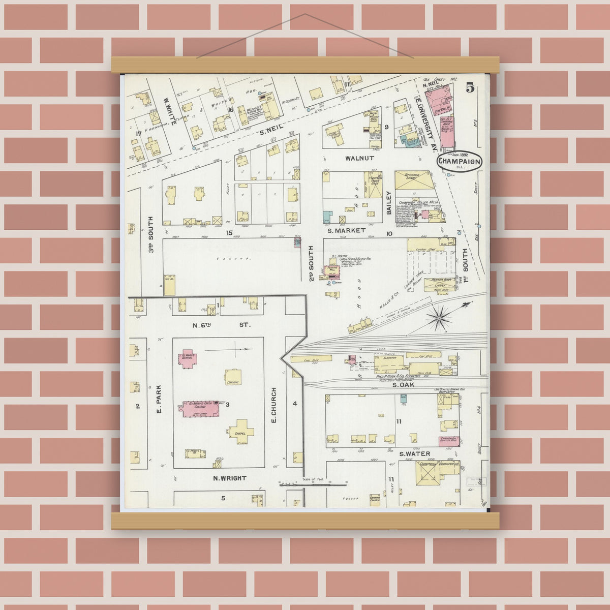 Old map wall art mockup — magnetic wood frame on brick wall — Sanborn Fire Insurance Map from Champaign, Champaign County, Illinois (1892), Sheet #0005