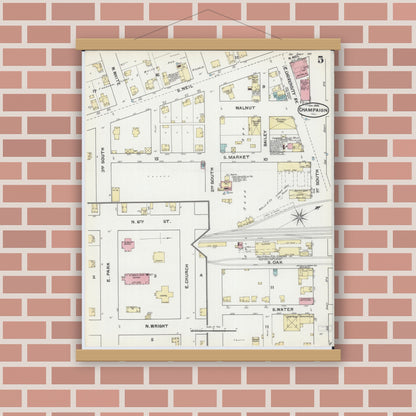 Old map wall art mockup — magnetic wood frame on brick wall — Sanborn Fire Insurance Map from Champaign, Champaign County, Illinois (1892), Sheet #0005