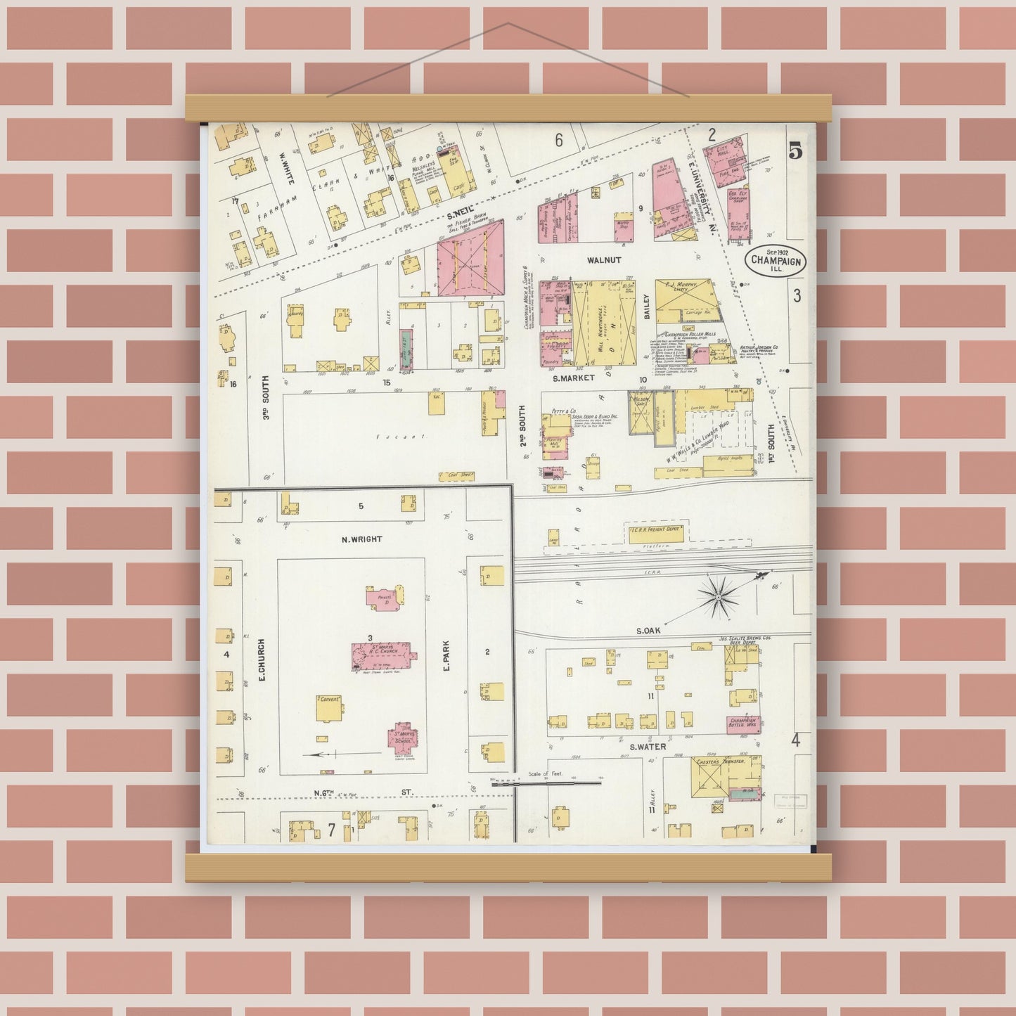 Old map wall art mockup — magnetic wood frame on brick wall — Sanborn Fire Insurance Map from Champaign, Champaign County, Illinois (1902), Sheet #0005