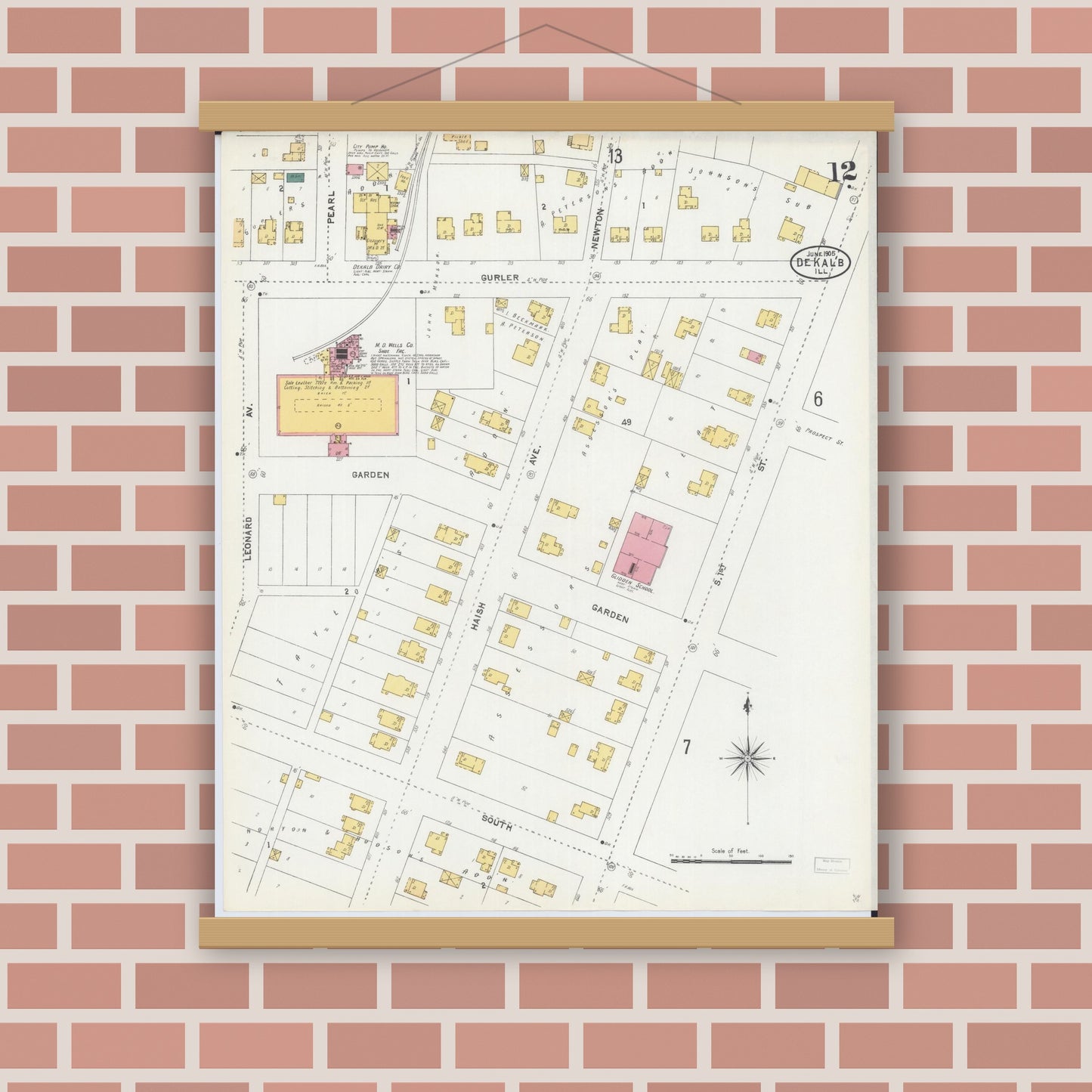 Old map wall art mockup — magnetic wood frame on brick wall — Sanborn Fire Insurance Map from De Kalb, De Kalb County, Illinois (1905), Sheet #0012