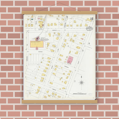 Old map wall art mockup — magnetic wood frame on brick wall — Sanborn Fire Insurance Map from De Kalb, De Kalb County, Illinois (1905), Sheet #0012