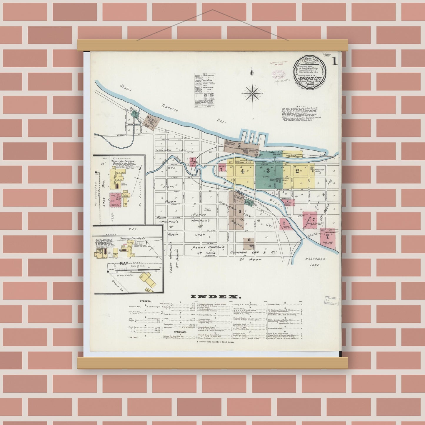 Old map wall art mockup — magnetic wood frame on brick wall — Sanborn Fire Insurance Map from Traverse City, Grand Traverse County, Michigan (1893) - Complete Map Set