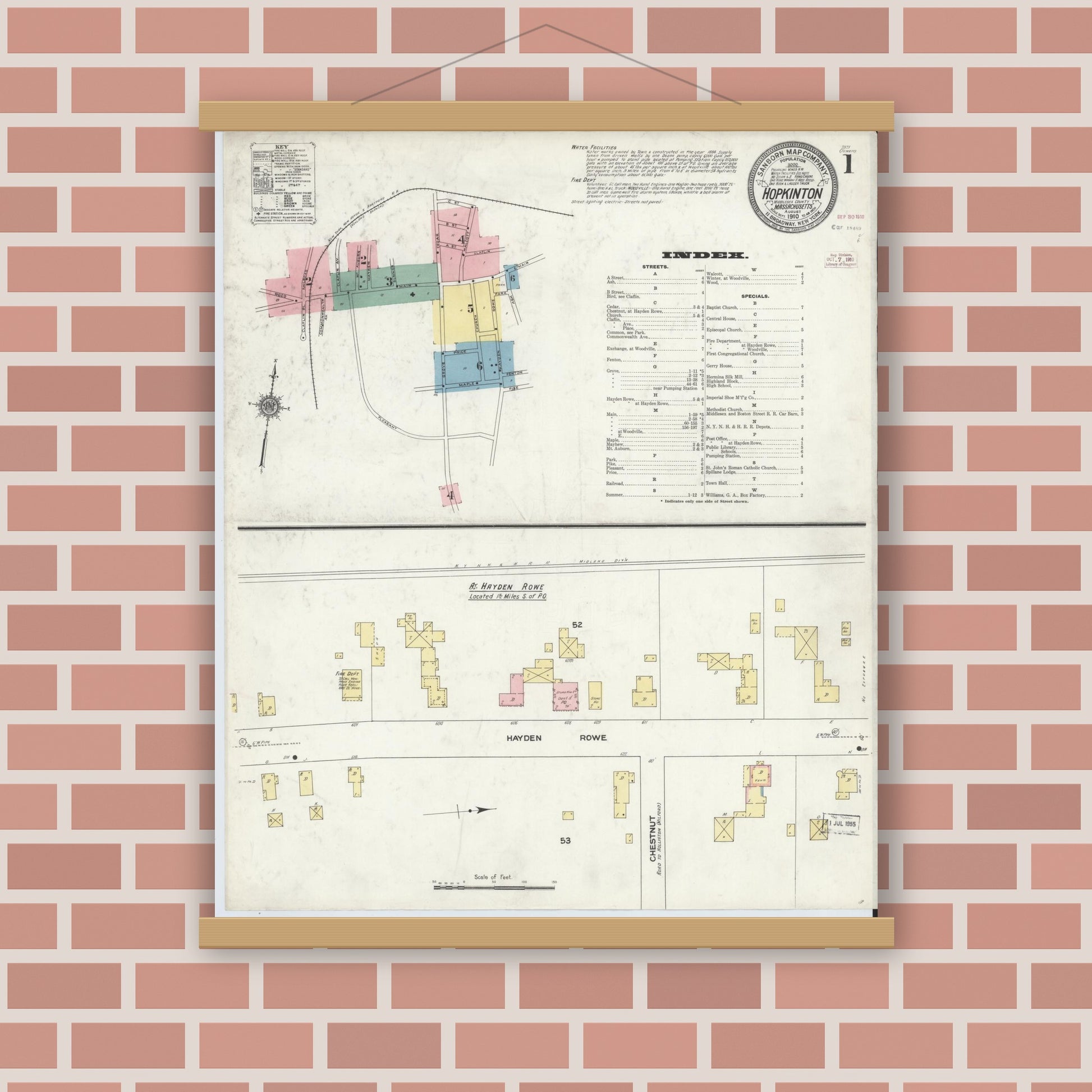 Old map wall art mockup — magnetic wood frame on brick wall — Sanborn Fire Insurance Map from Hopkinton, Middlesex County, Massachusetts (1910) - Complete Map Set