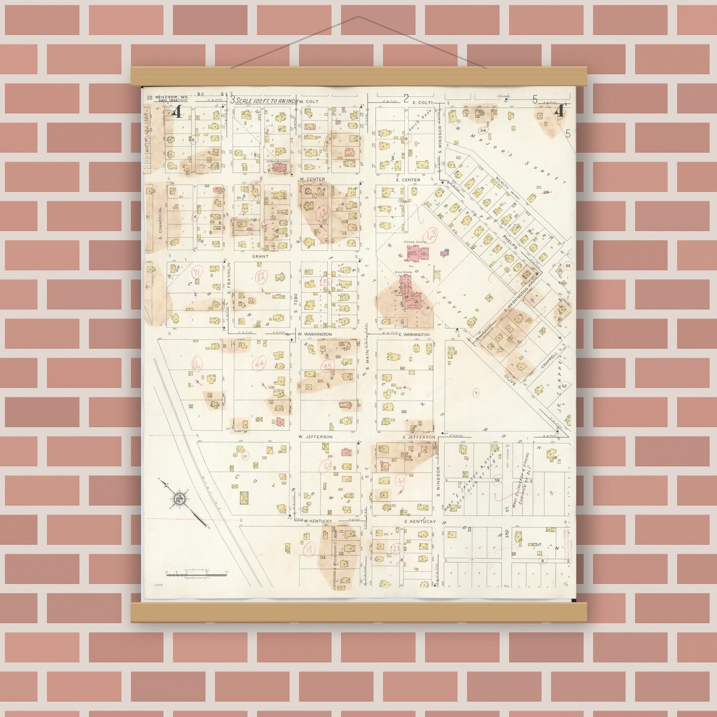 Old map wall art mockup — magnetic wood frame on brick wall — Sanborn Fire Insurance Map from Windsor, Henry County, Missouri (1943), Sheet #0004
