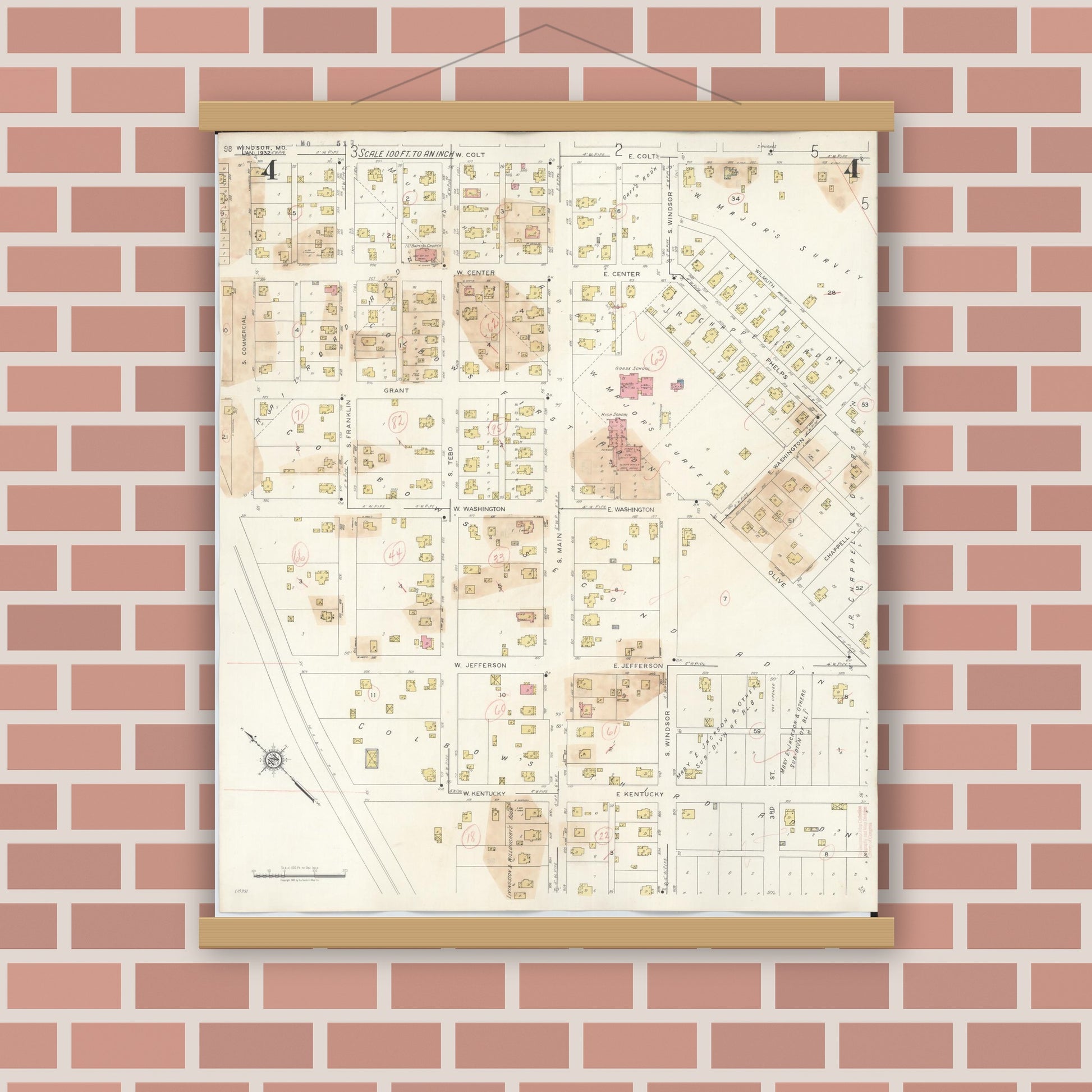 Old map wall art mockup — magnetic wood frame on brick wall — Sanborn Fire Insurance Map from Windsor, Henry County, Missouri (1943), Sheet #0004