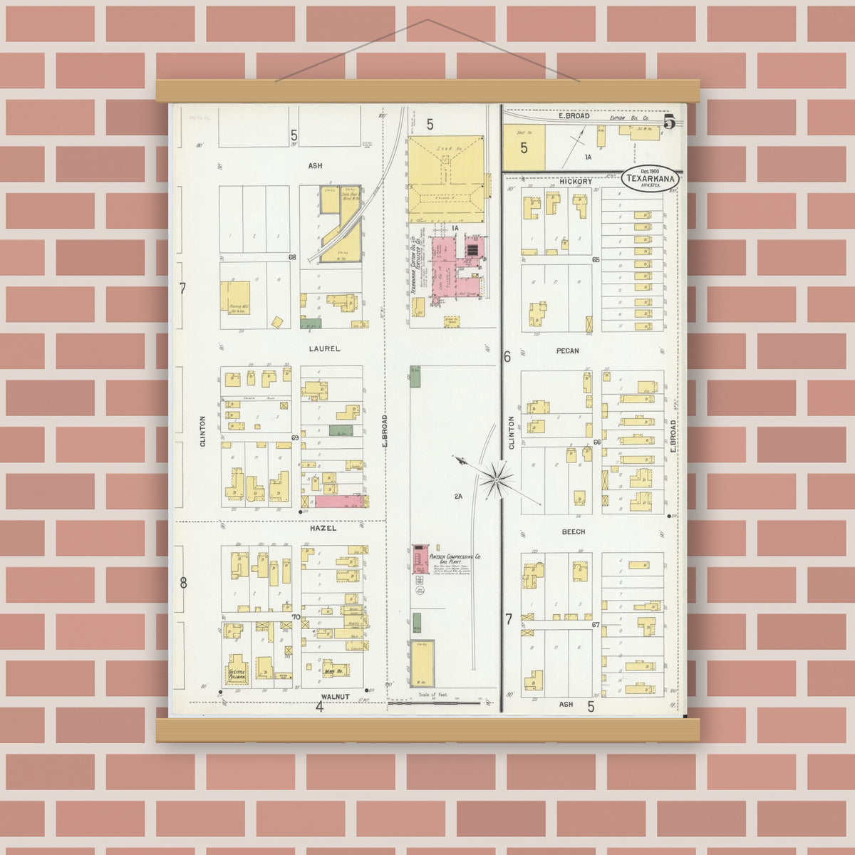 Old map wall art mockup — magnetic wood frame on brick wall — Sanborn Fire Insurance Map from Texarkana, Bowie County, Texas (1900), Sheet #0005