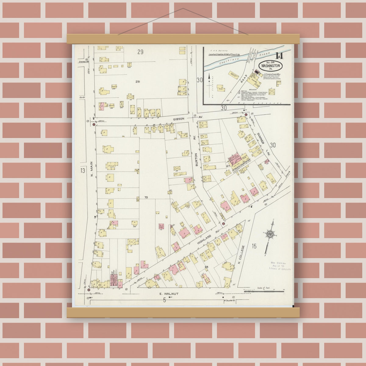 Old map wall art mockup — magnetic wood frame on brick wall — Sanborn Fire Insurance Map from Washington, Washington County, Pennsylvania (1914), Sheet #0014