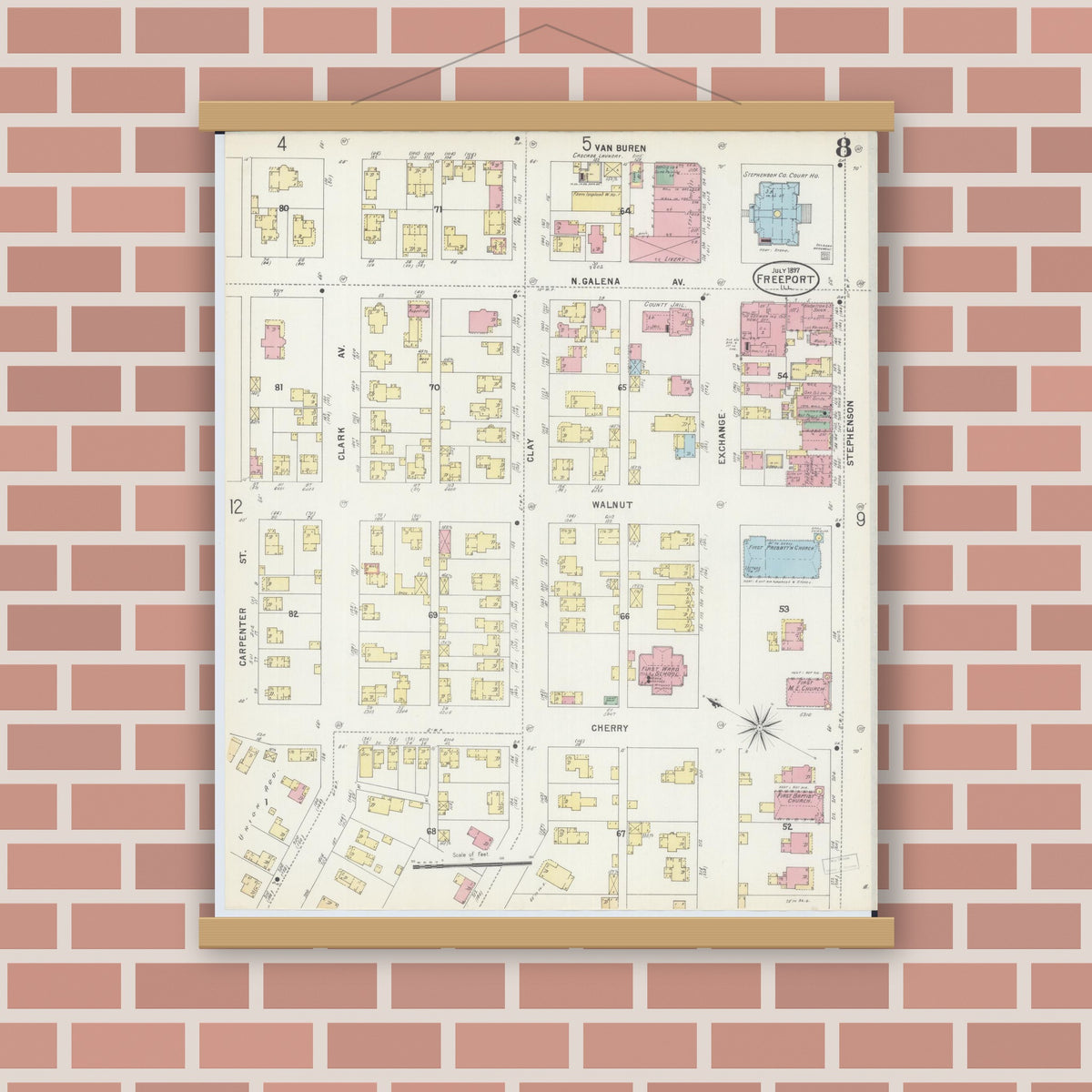 Old map wall art mockup — magnetic wood frame on brick wall — Sanborn Fire Insurance Map from Freeport, Stephenson County, Illinois (1897), Sheet #0008