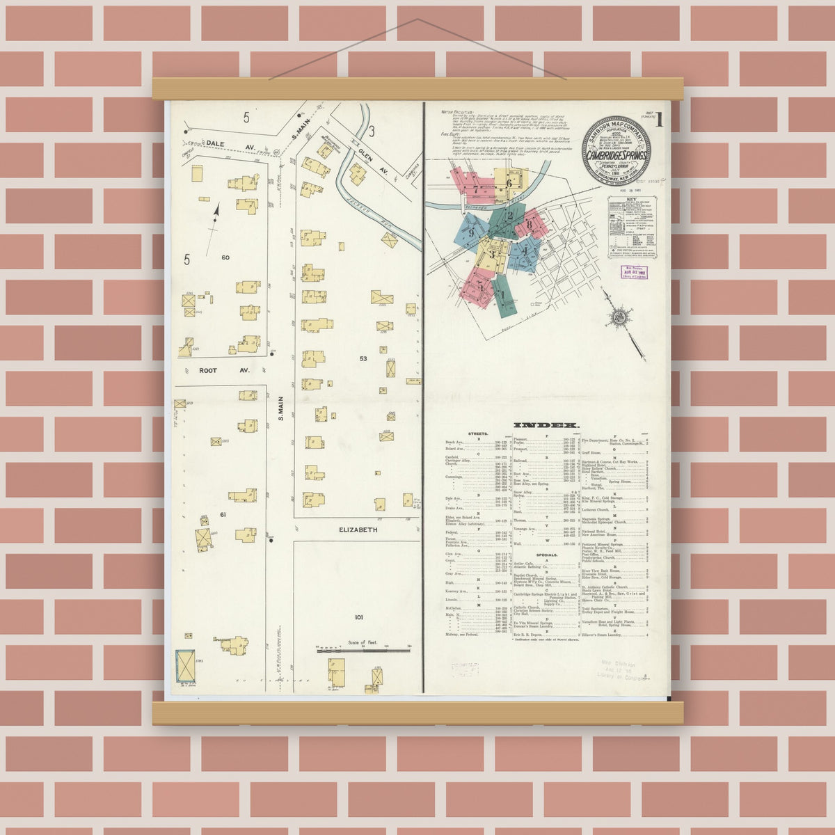 Old map wall art mockup — magnetic wood frame on brick wall — Sanborn Fire Insurance Map from Cambridge Springs, Crawford County, Pennsylvania (1911) - Complete Map Set