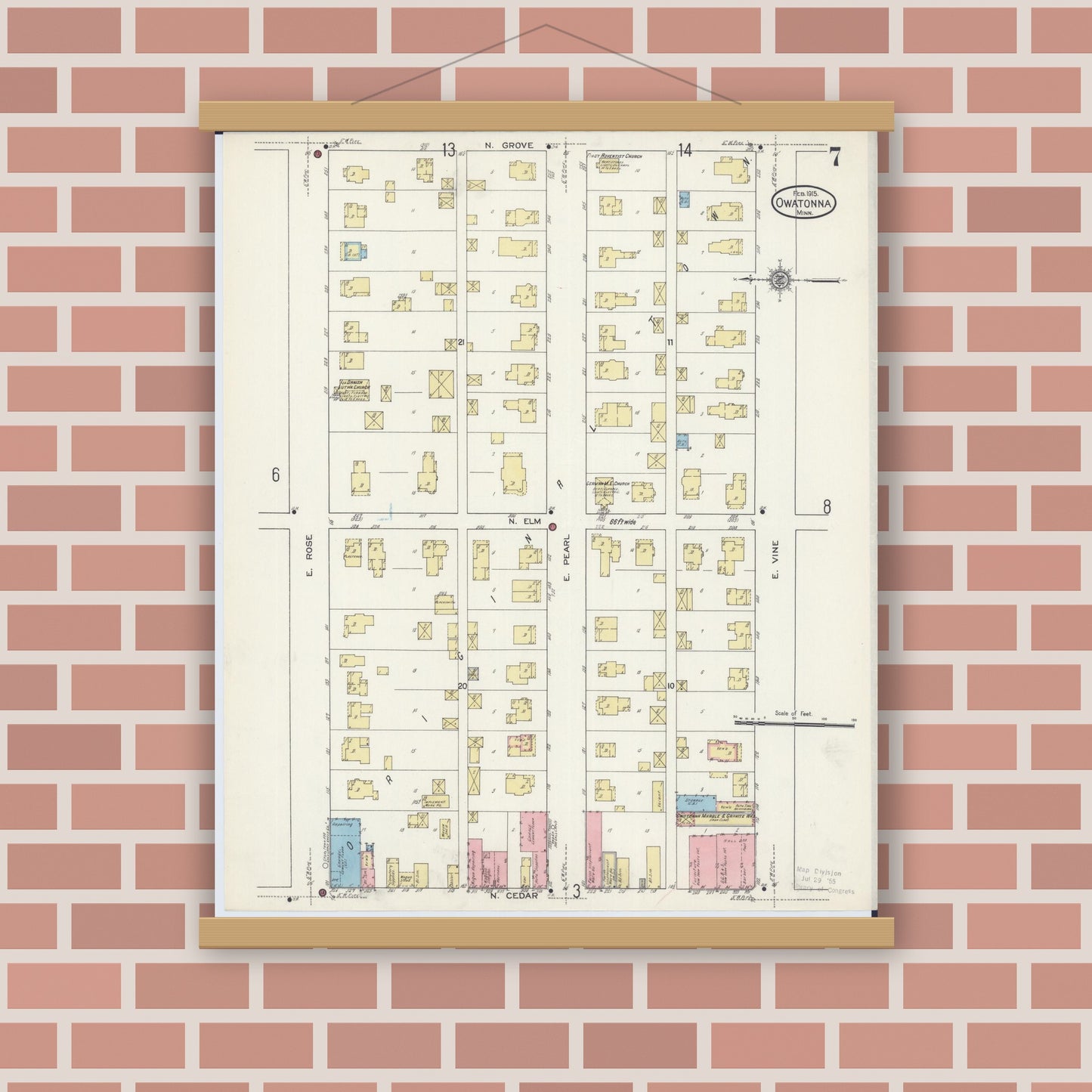 Old map wall art mockup — magnetic wood frame on brick wall — Sanborn Fire Insurance Map from Owatonna, Steele County, Minnesota (1915), Sheet #0007