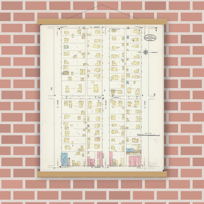 Old map wall art mockup — magnetic wood frame on brick wall — Sanborn Fire Insurance Map from Owatonna, Steele County, Minnesota (1915), Sheet #0007