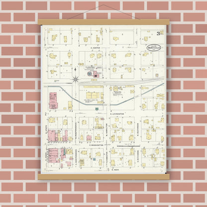 Old map wall art mockup — magnetic wood frame on brick wall — Sanborn Fire Insurance Map from Monticello, Piatt County, Illinois (1909), Sheet #0003